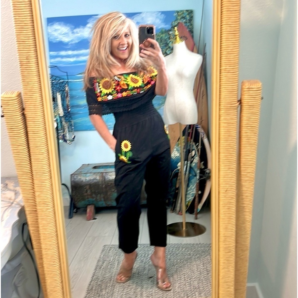 Kaktus Embroidered Sunflower Off Shoulder Jumpsuit Boho Resort Fiesta Size S